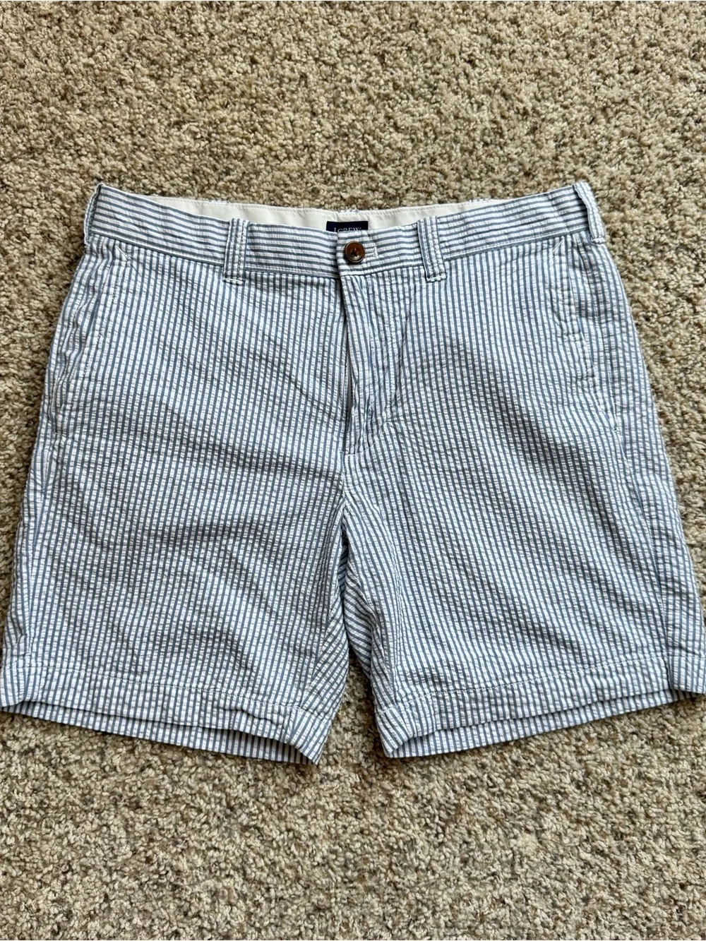 J.Crew Mens 30 Seersucker Shorts 7” Inseam Blue White Striped Preppy Chino